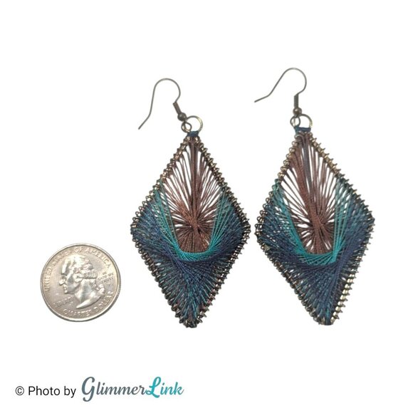 Teal Blue & Brown Diamond Shaped Threaded Long Dangle Earrings - Picture 5 of 9